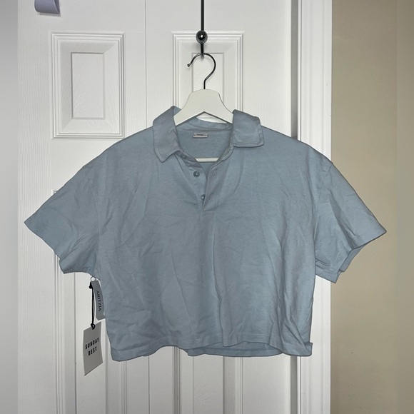 NWT Aritzia Sunday Best Roland cropped short sleeve blue polo shirt - Picture 2 of 6